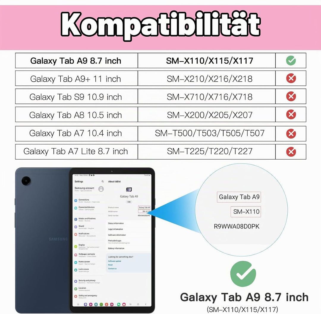BRAECN für Samsung Galaxy Tab A9 Hülle 8,7 Zoll 2023 SM-X110/X115/X117, Stossfeste Robuste Tragbare