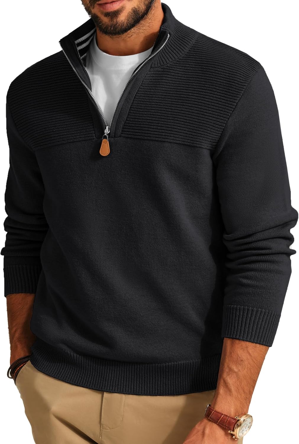 Strickpullover Herren Troyer Pullover mit Reissverschluss und Stehkragen Arbeitspullover, S Schwarz