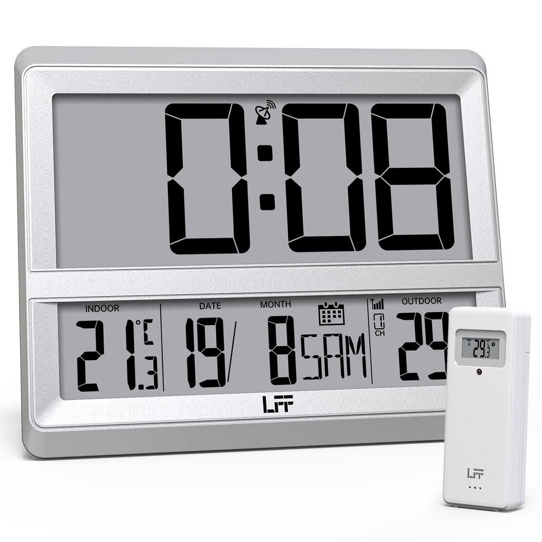 Atomuhr mit Grossem Display, Digitale Wanduhr mit Temperatur Datum Innen Aussen, Drahtloser Aussense