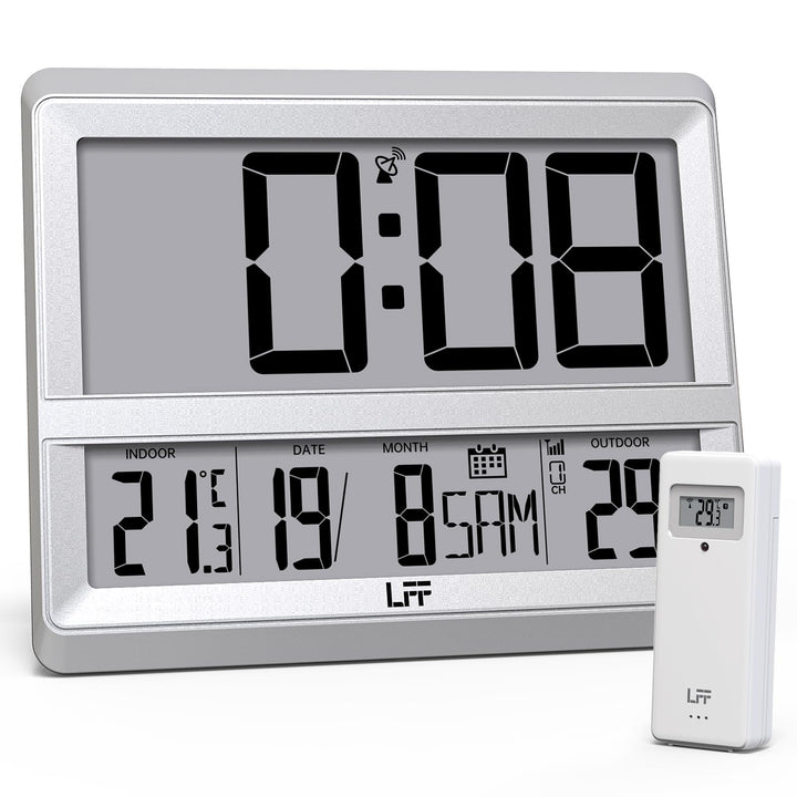 Atomuhr mit Grossem Display, Digitale Wanduhr mit Temperatur Datum Innen Aussen, Drahtloser Aussense