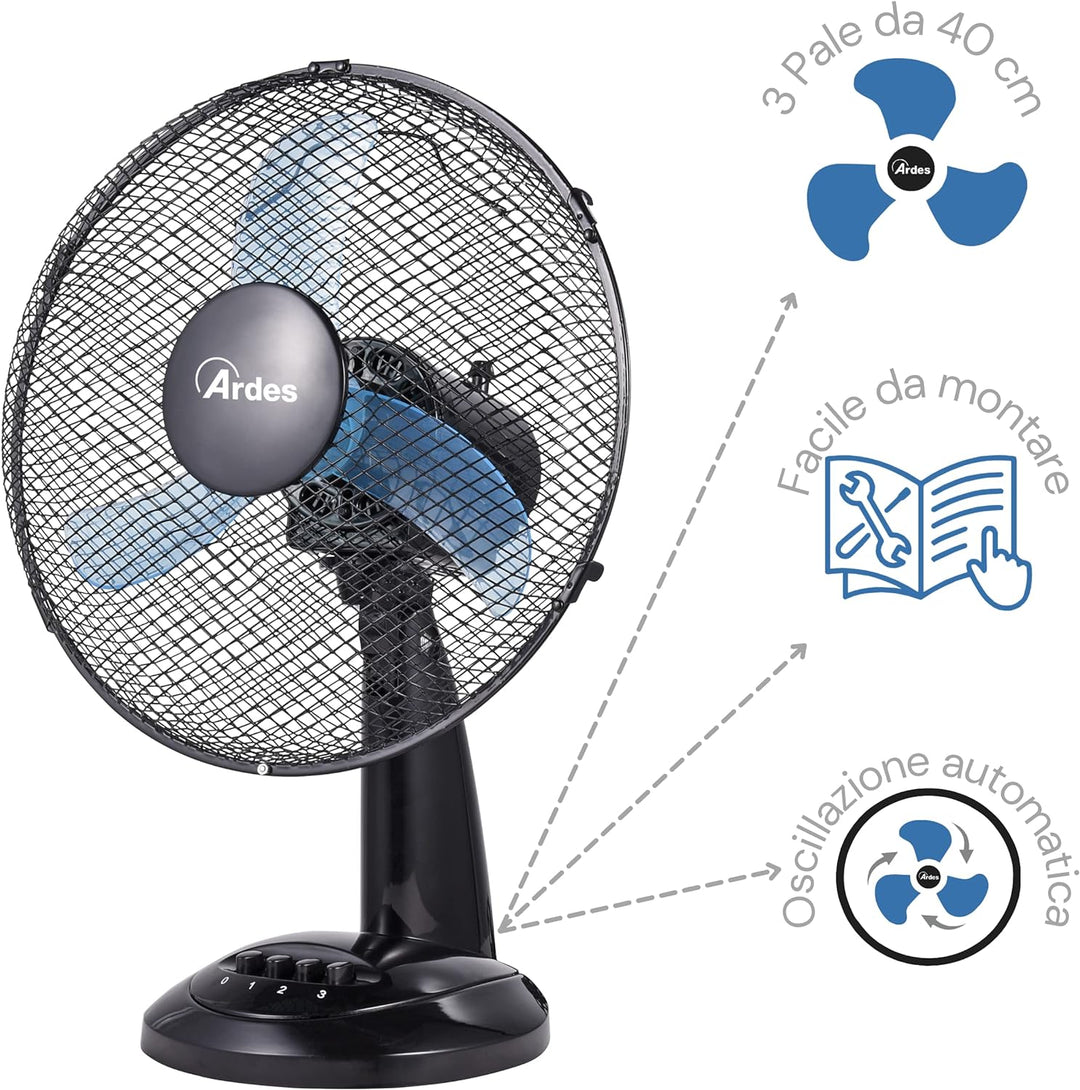 ARDES - Ardes-Tischventilator 40 cm Modell Penny, 3 Flügel, oszillierend, mit verstellbarem Neigungs