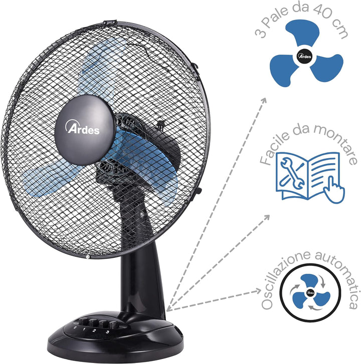 ARDES - Ardes-Tischventilator 40 cm Modell Penny, 3 Flügel, oszillierend, mit verstellbarem Neigungs