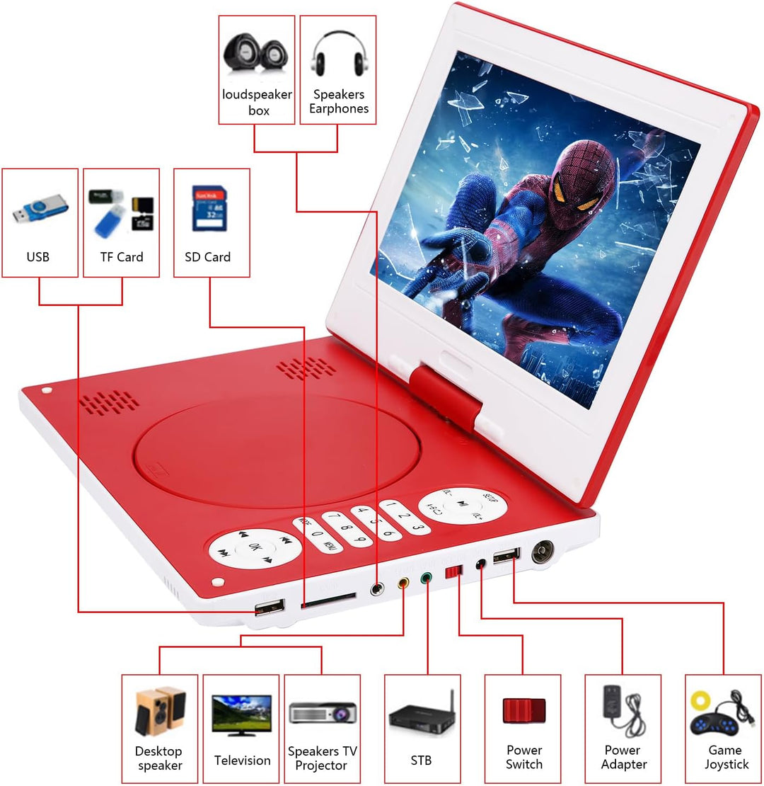 YOOHOO Tragbarer DVD-Player mit Fernbedienung, 26,7 cm (10,5 Zoll), 270° drehbarer Bildschirm, mit 7