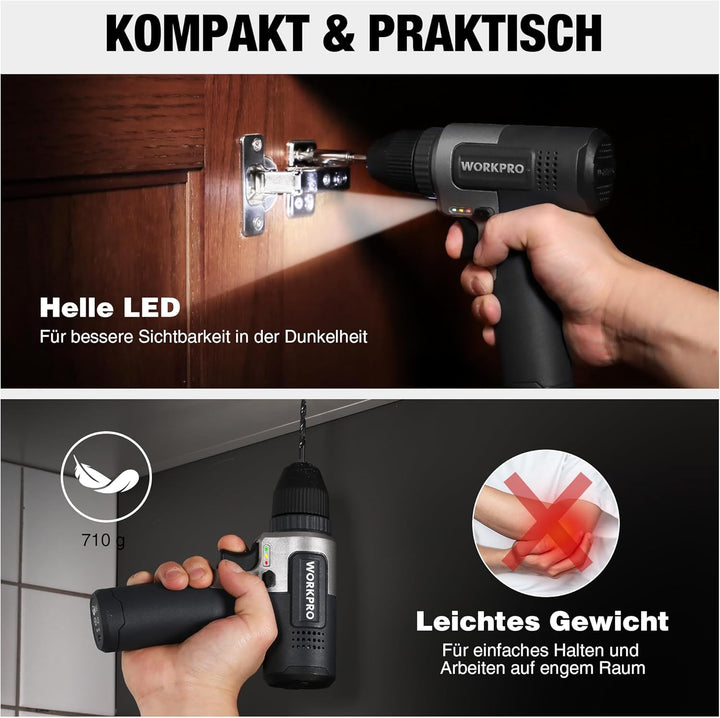 WORKPRO 8V Akku Bohrschrauber Set, Akkuschrauber, 2000 mAh Akku Bohrmaschine, 12 Nm Drehmoment, 10mm