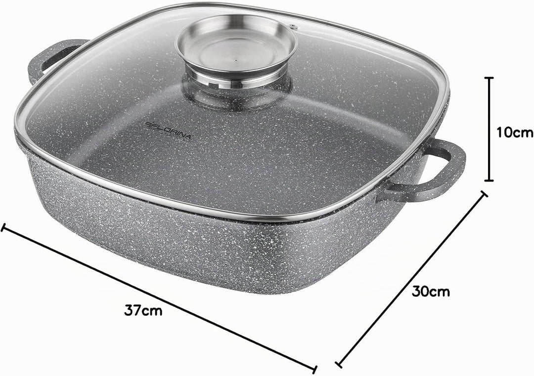 FLORINA Aluminium Schmortopf 3,5 l l Bräter LAVA Quadratisch mit Glasdeckel und Griffe l Backofengee