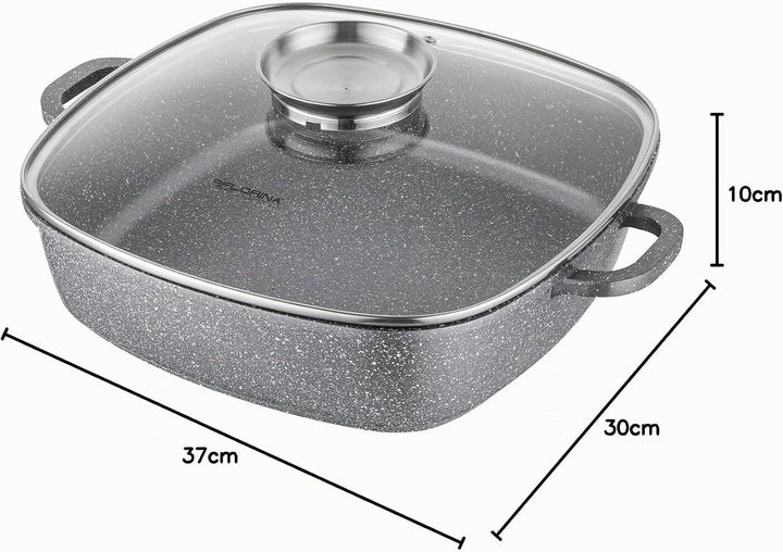 FLORINA Aluminium Schmortopf 3,5 l l Bräter LAVA Quadratisch mit Glasdeckel und Griffe l Backofengee