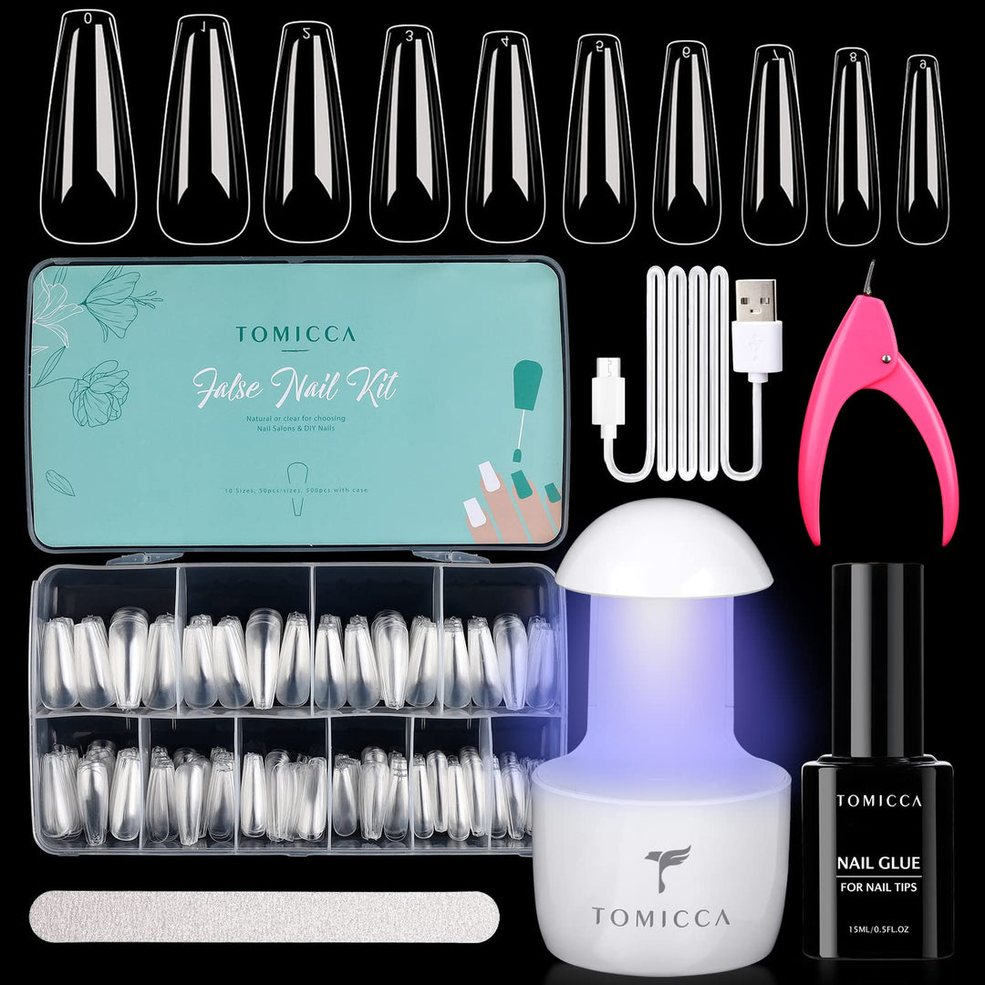 TOMICCA Nail Tips und Kleber Gel Kit - Extension Set mit Mini Nagellampe, 2 in 1 Nagelkleber, 500 PC
