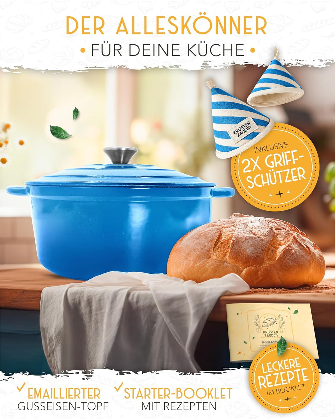 KRUSTENZAUBER Gusseisen Topf als Schmortopf mit Deckel - 26cm Emaille Topf als Gusseisen Bräter oder