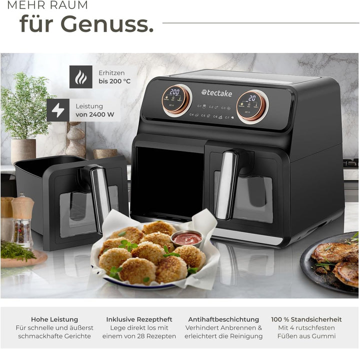 tectake® Heissluftfritteuse 2 Kammern, XXL Doppelkammer Airfryer mit 7 Programmen, 8L Dual Fritteuse