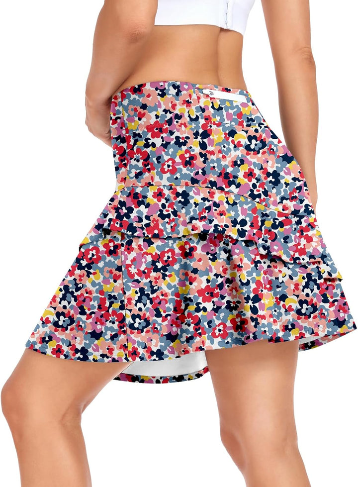 Soneven Hosenrock Damen Knielang Tennis Rock mit Hose Drunter Mädchen Pleated Wanderrock Sommer Spo