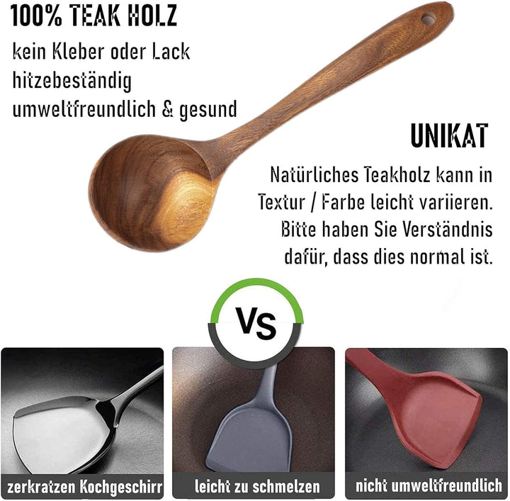 JUJOYBD Küchenutensilien Set Holz 8-tlg - Kochutensilien Set Küchenhelfer aus 100% Teak - Antihaftes