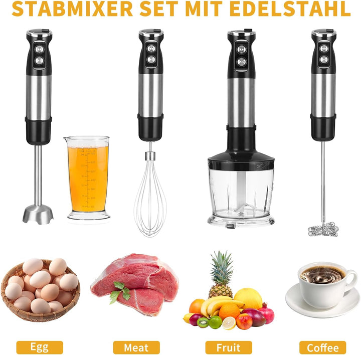 Stabmixer Edelstahl 5 in 1 Stabmixer Set 1000 Watt Pürierstab mit 12 Geschwindigkeiten und Turbo-Mod