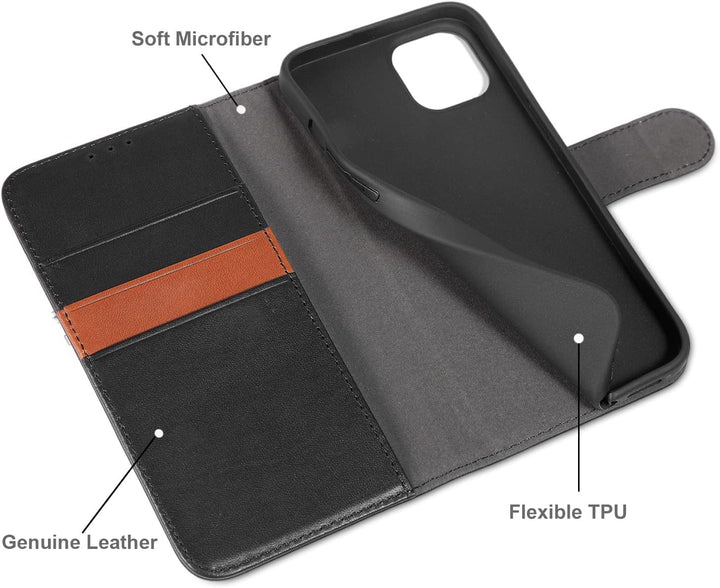 LENSUN Echtleder Hülle für iPhone 13 5G, Handyhülle [Echtes Leder][Magnetverschluss][RFID Schutz] Ha