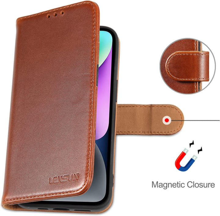 LENSUN Echtleder Hülle für iPhone 14, Leder Handyhülle [Kartenfach][Magnetverschluss][RFID Schutz] H