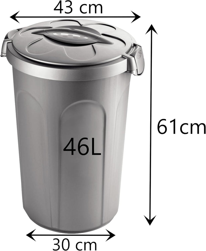Hummelladen 2x Mülltonne Futtertonne mit verschliessbarem Deckel silber - 46 Liter - Windeleimer Mül