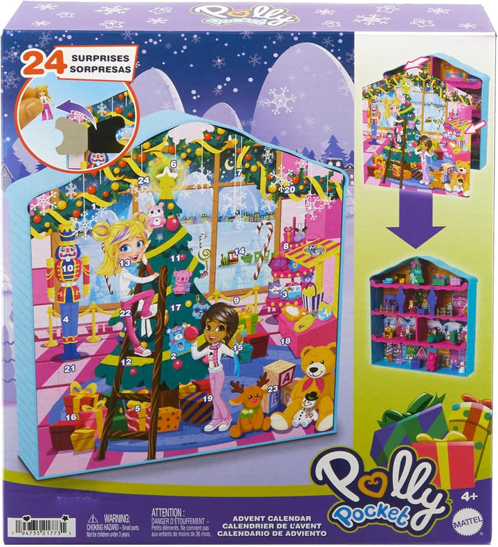 Polly Pocket - Adventskalender mit Puppen, Lebkuchenhaus-Spielset mit 24 Überraschungen, Puppenhausm