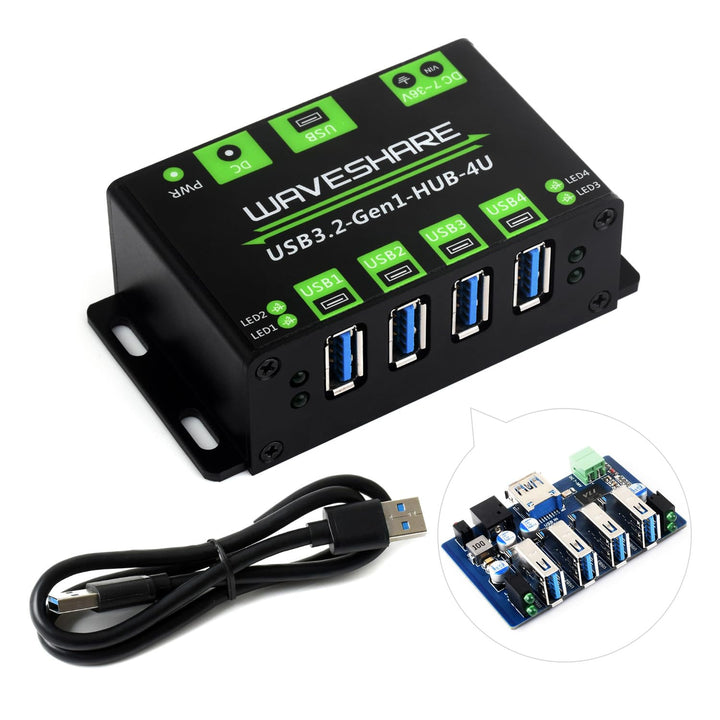 Waveshare 4-Ch USB 3.2 Gen1 HUB, Metal Case with Wall-Mount Support, Driver-Free, Plug-and-Play, Com