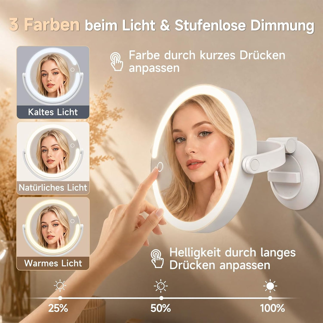 Kosmetikspiegel mit Beleuchtung, Doppelseitiger 1X / 10X Vergrösserungsspiegel mit Saugnapf, Wandver