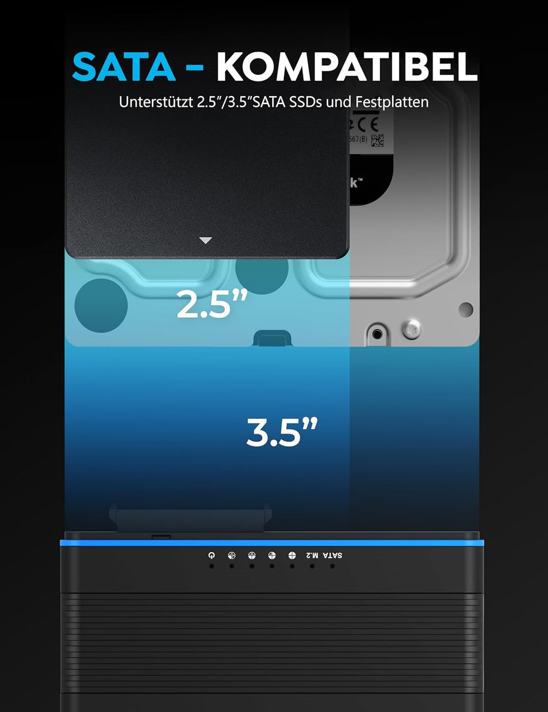 SABRENT M.2 SSD & HDD Festplattengehäuse, 2,5" 3.5" SATA & M2 NVMe Adapter, USB C 10Gbps mit Offline
