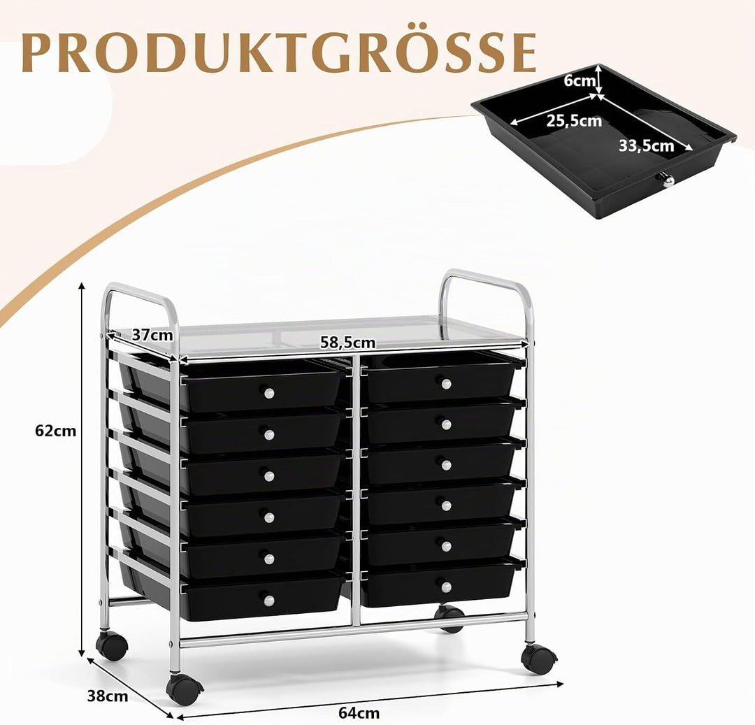 COSTWAY Rollwagen mit 12 stapelbaren Schubladen, Schubladenwagen Rollcontainer mit Metallgestell &amp; A