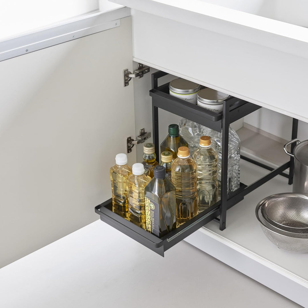 Yamazaki 1461 TOWER 2-stöckiges Spülschrank-Regal mit Schiebeböden, schwarz, Stahl, minimalistisch,