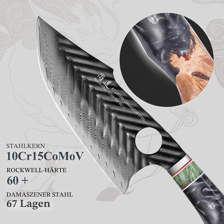 SHANGDAO Damaskus Fleischermesser Wikinger-Beil Ausbeinmesser Japanmesser mit Lederscheide, 17 cm, 6