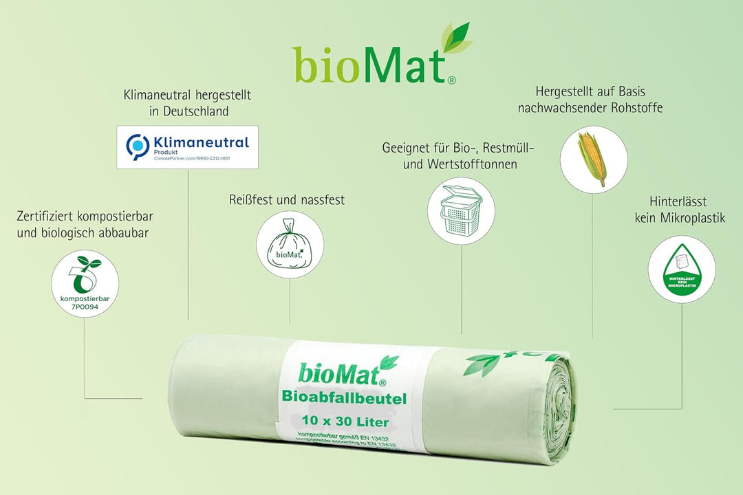 bioMat 30l kompostierbare und klimaneutrale Bioabfallbeutel, 20 Stk. Biomüllbeutel, DIN+ Zertifizier