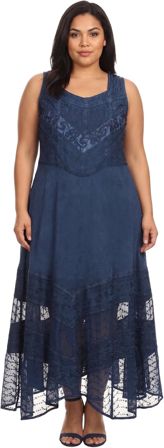 Sakkas Zendaya Stonewashed Rayon Embroiderot Floral Vine Ärmelless V-Neck Kleid XL-XXL Grosse Grösse