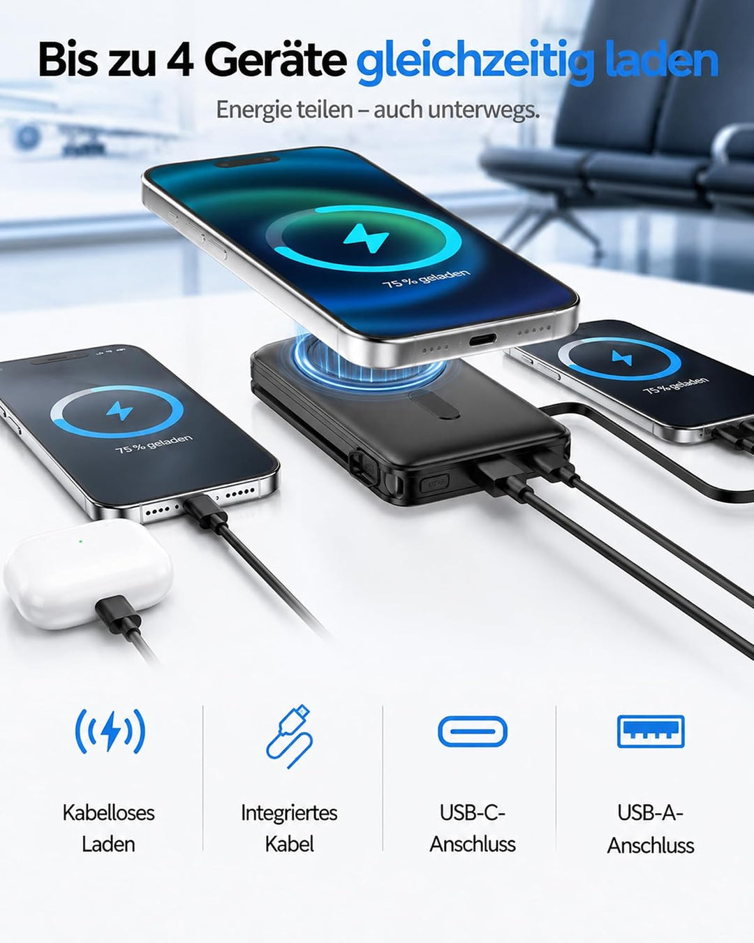 Magnetische Powerbank 10000mAh mit Ständer &amp; 22.5W Kabel für iPhone Blau Blau 10000.0 Milliamperestu