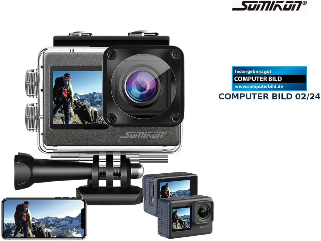Somikon Action Kamera: 6K-Actioncam mit 2 Farbdisplays, WLAN, Bildstabilisierung, Sony-Sensor (Outdo