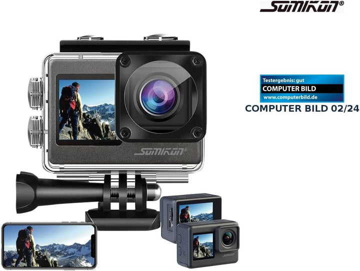 Somikon Action Kamera: 6K-Actioncam mit 2 Farbdisplays, WLAN, Bildstabilisierung, Sony-Sensor (Outdo