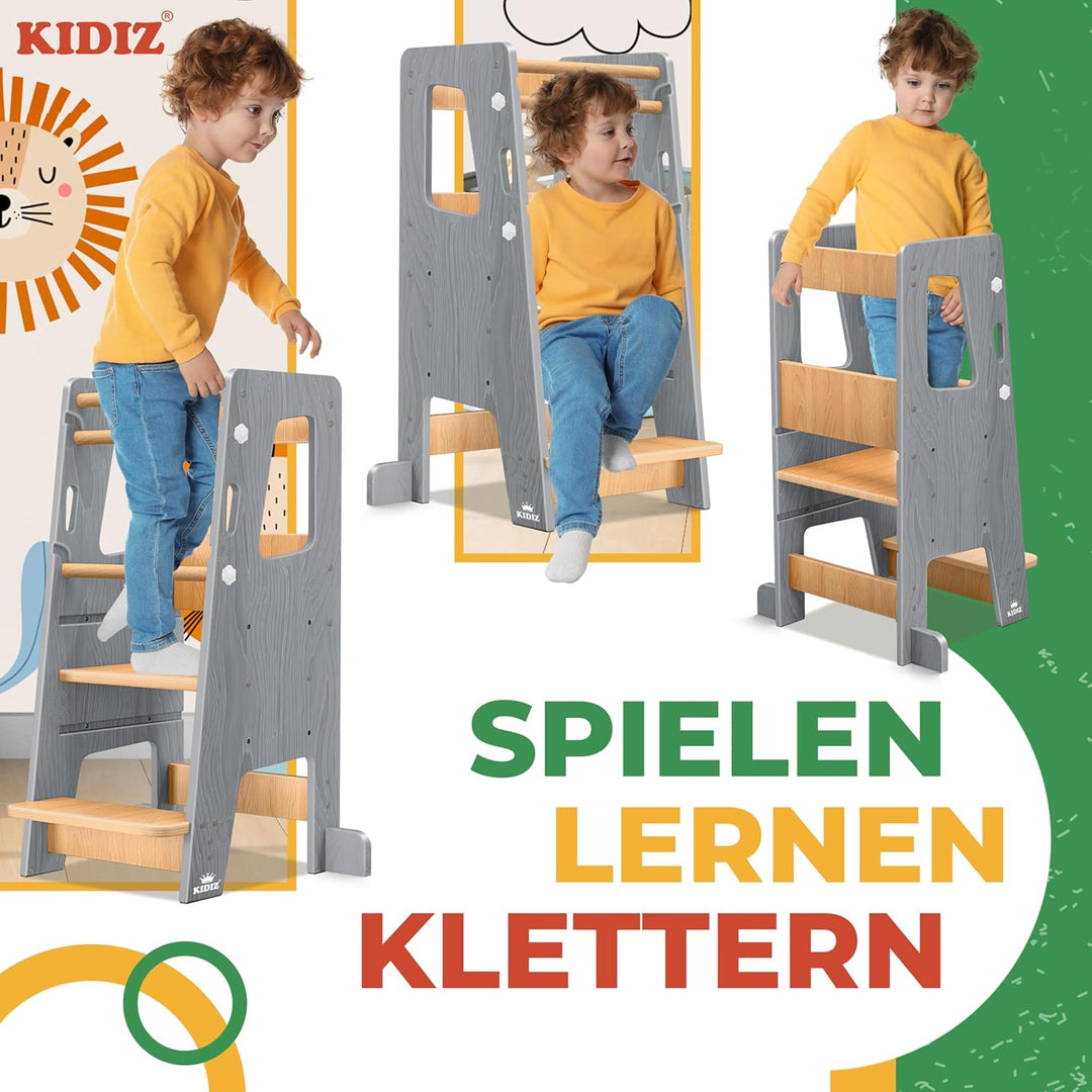 KIDIZ® Lernturm für Kinder ab 1 Jahr inkl. Lernuhr | 3-stufig Höhenverstellbarer Tritthocker aus Kie