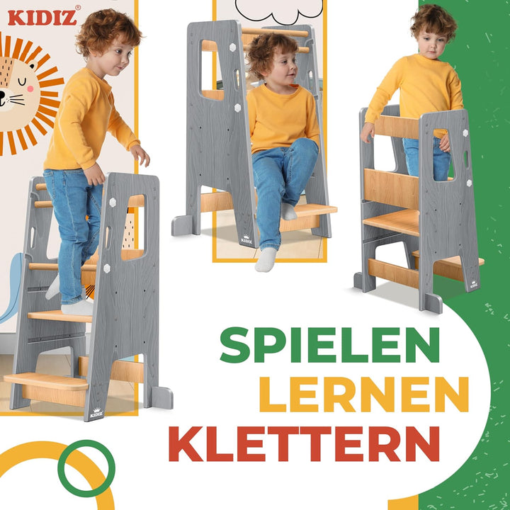 KIDIZ® Lernturm für Kinder ab 1 Jahr inkl. Lernuhr | 3-stufig Höhenverstellbarer Tritthocker aus Kie
