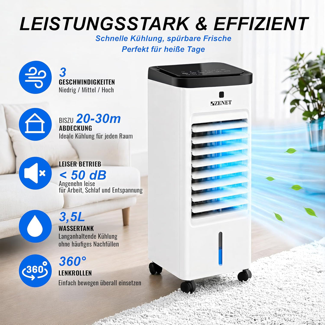 ZENET ZET-483 Luftkühler & Klimaanlage ohne Abluftschlauch: Mini Klimagerät & Ventilator mit Wasserk