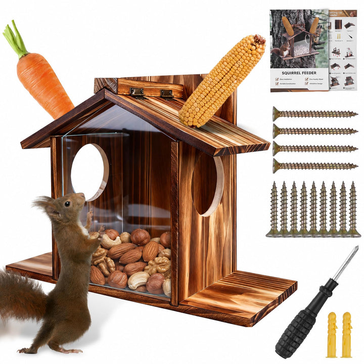 Eichhörnchen Futterhaus Wetterfest aus Holz – Robust Eichhörnchen Haus mit Leinöl-Beschichtung, Belü