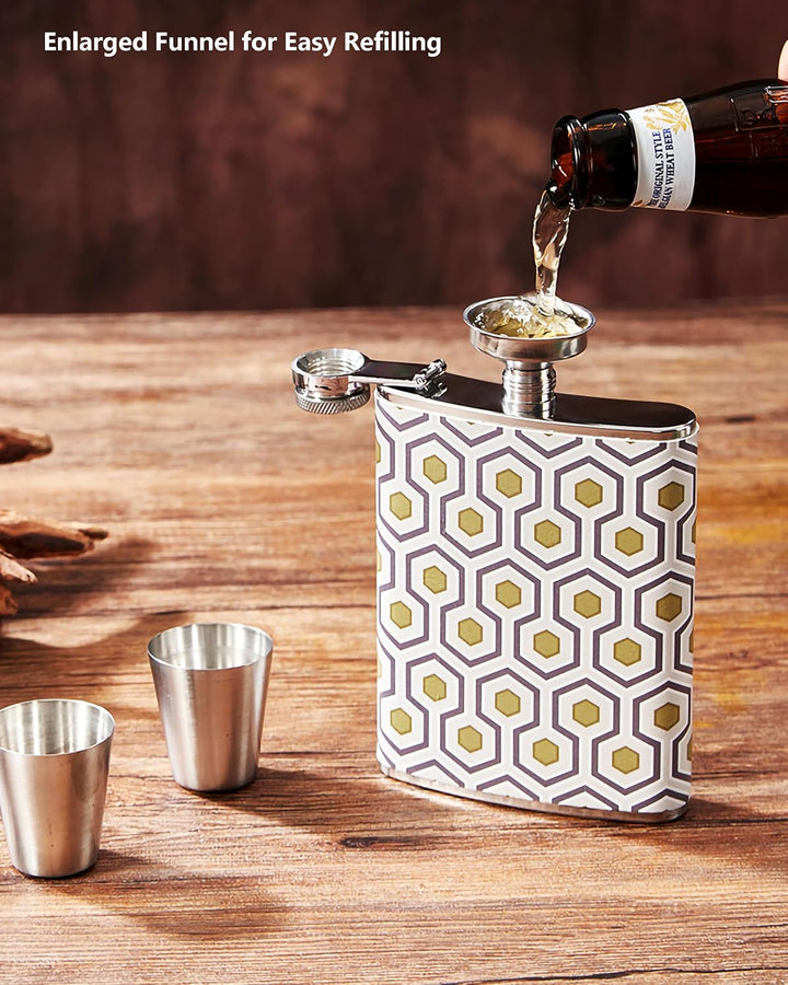 Luxuriöses 237 ml Edelstahl-Flachmann-Geschenkset mit 2 Schnapsgläsern und Trichter, lederbedruckter