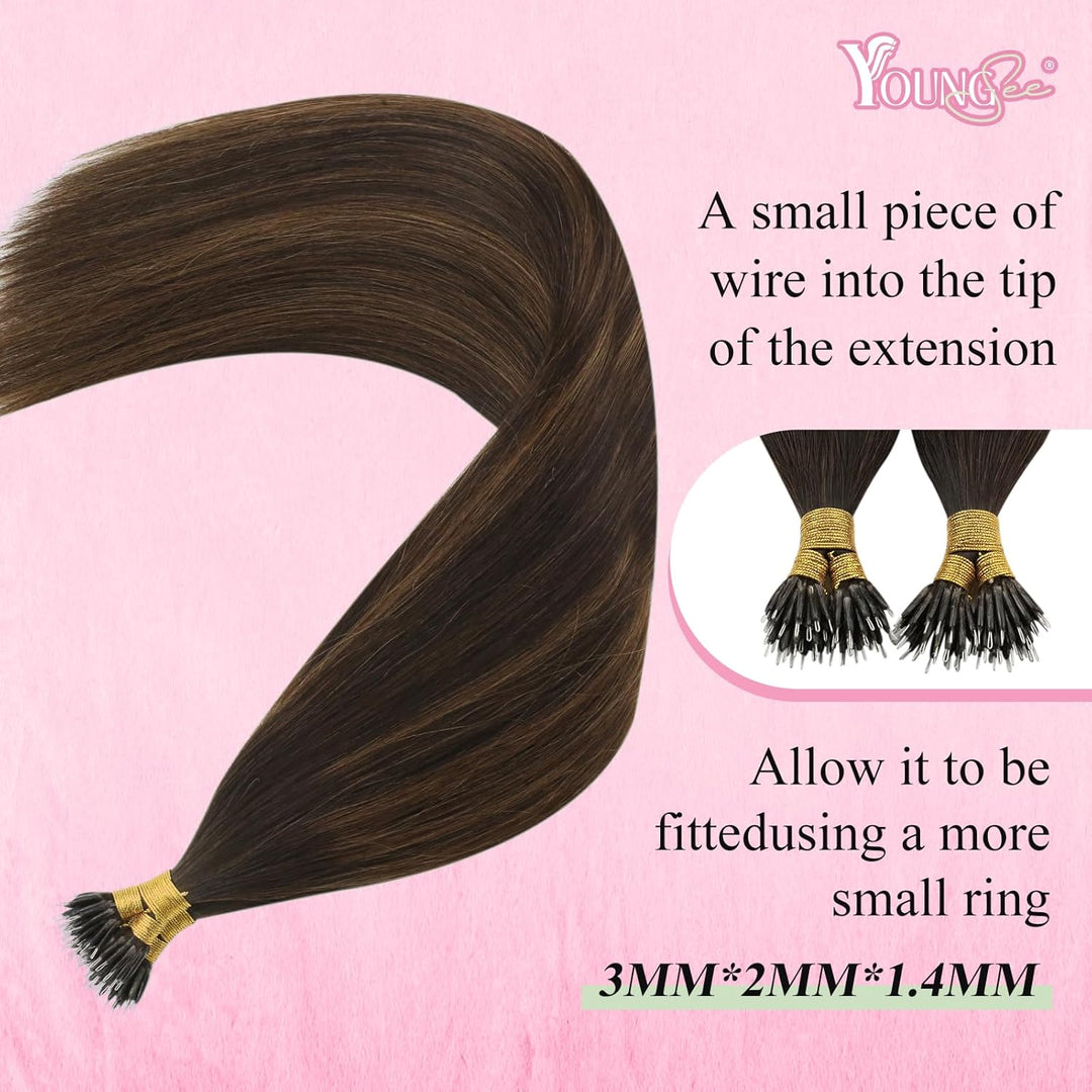 YoungSee Nanoring Extensions Echthaar Ombre Nano Extensions Echthaar Dunkelbraun Balayage Mittelbrau
