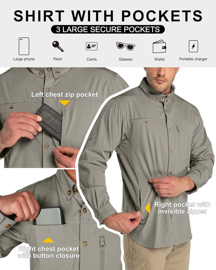 33,000ft Safari Hemd Herren Langarm Sportshemd UPF50+ UV Schutz Funktionshemd Atmungsaktiv Button-Do