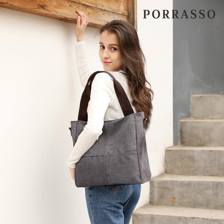 PORRASSO Casual Umhängetasche Damen Canvas Schultertasche Mädchen Handtasche Hobotasche Tote Crossbo