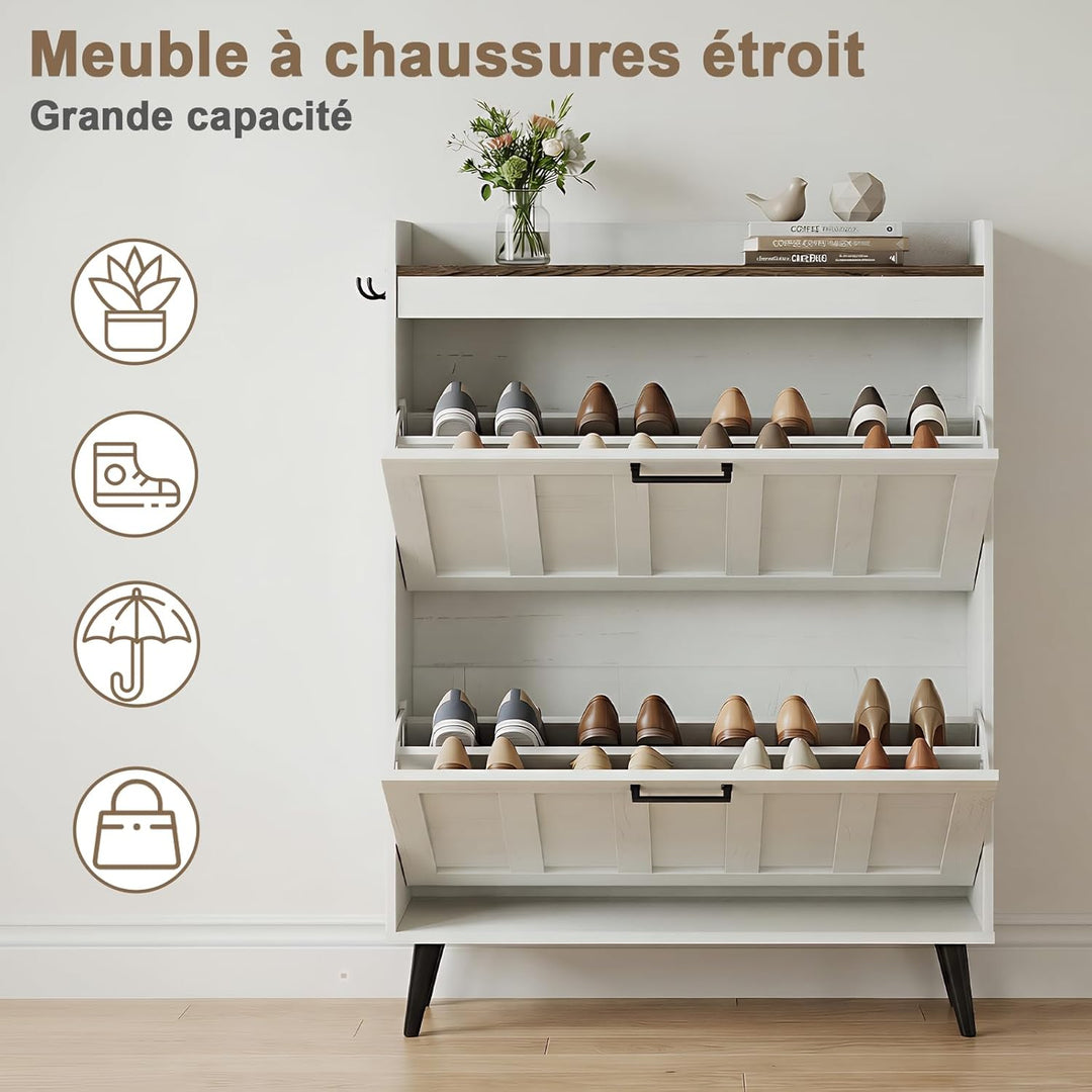 Schuhschrank Schmal mit 2 Klappschubladen, Landhausstil Schuhaufbewahrung für Flur Wohnzimmer, Kipps
