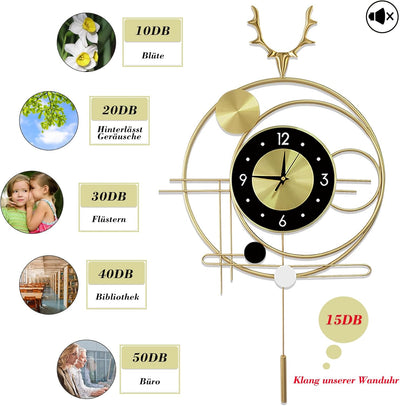 GERHWASH Wanduhr Gross - Wanduhr Lautlos Goldene Wanduhr mit Pendel Wanduhr Modern Einfache Uhr Wand