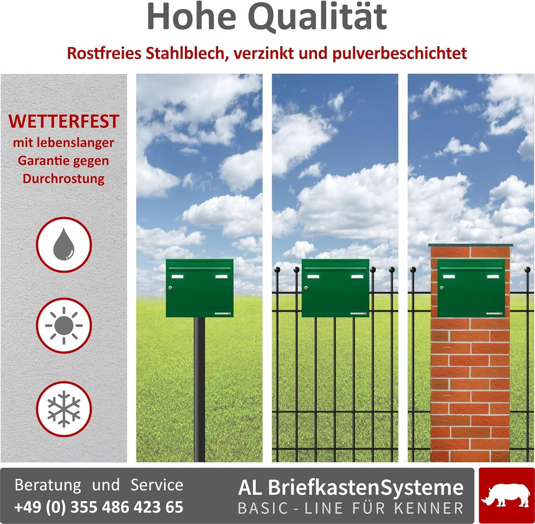 AL Briefkastensysteme Briefkasten mit Hausnummer grün RAL 6005 - Basic 1er Briefkasten mit Hausnumme