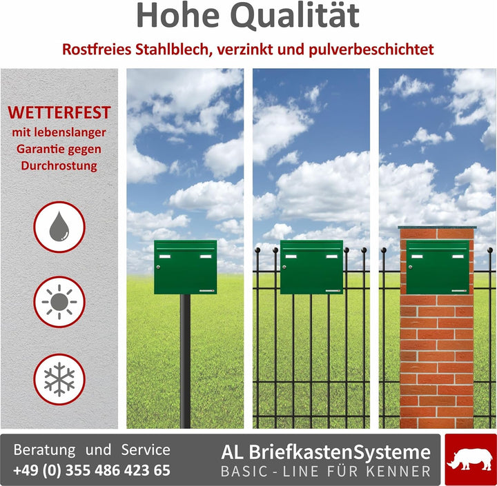 AL Briefkastensysteme Briefkasten mit Hausnummer grün RAL 6005 - Basic 1er Briefkasten mit Hausnumme