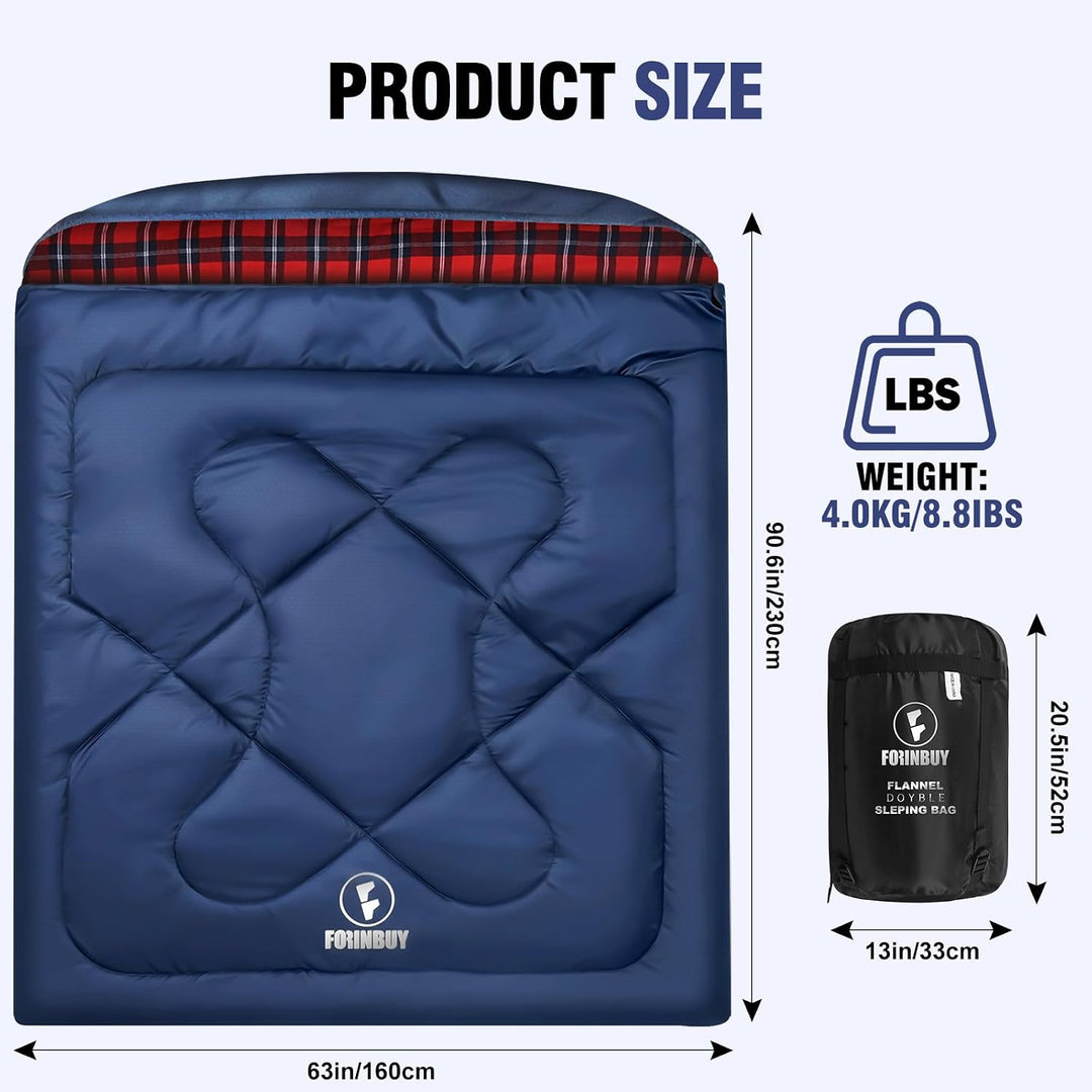 Flanell Doppelschlafsack,Schlafsack 2 Personen 230x160cm | 100% Baumwolle Futter,wasserabweisend,4 J