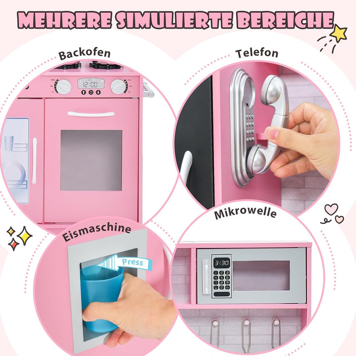 COSTWAY Kinderküche mit 10 Spielzubehör, Spielküche Kinder mit Tafel, Spielzeugküche mit Mikrowelle