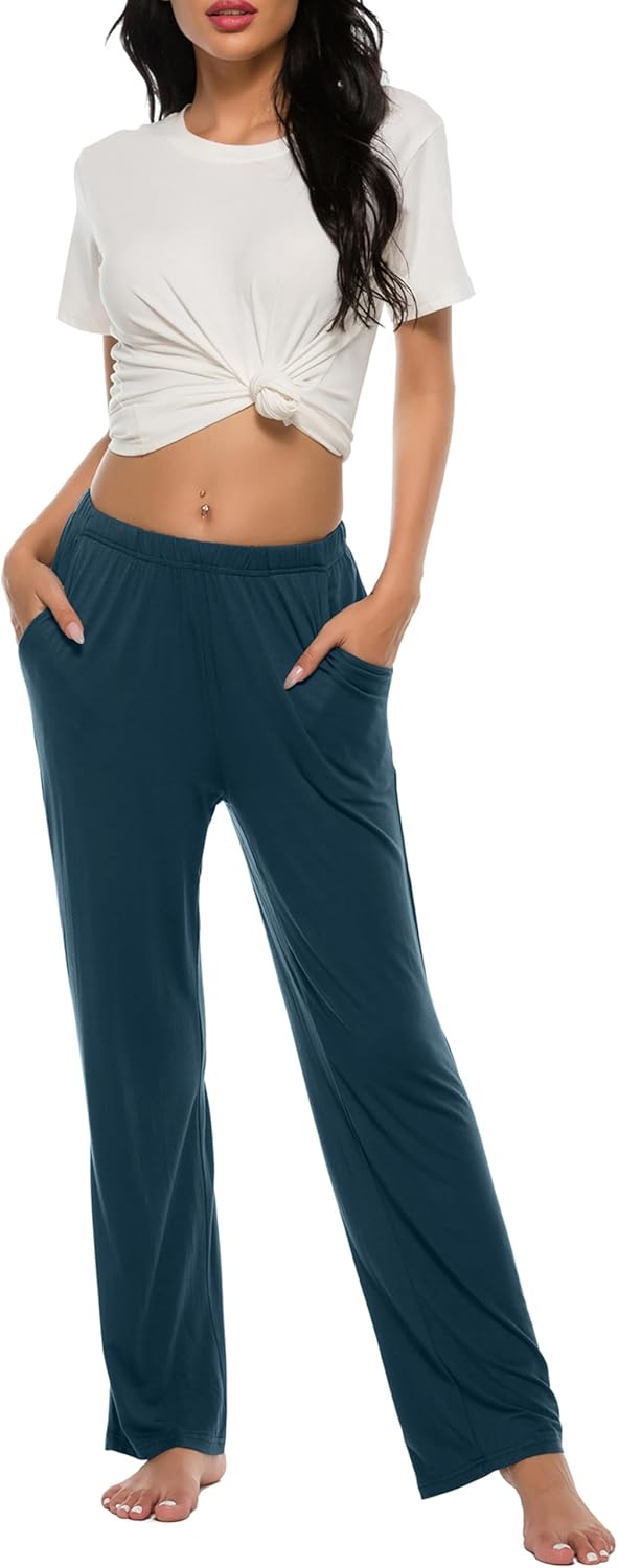 JINSHI Damen Schlafanzughose Lang Pyjamahose Weich Modal Nachtwäsche Freizeithose XS Schwarz+blau, X