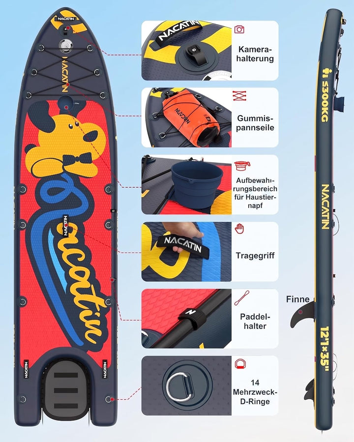 NACATIN 366cm (12ft) aufblasbares SUP Board mit Hunderampe, breites 91cm (36in) Stand Up Paddling Bo