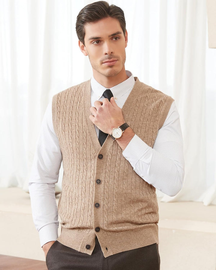 Kallspin Herren Strickweste Ärmellos Cardigan Wollmischung mit Zopfmuster und Knöpfen M Kaffee, M Ka