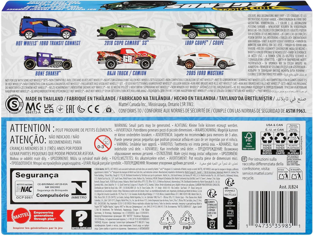Hot Wheels Die-Cast-Spielzeugautos und -Trucks im Massstab 1:64, Set mit 6 HW Legends-Fahrzeugen mit