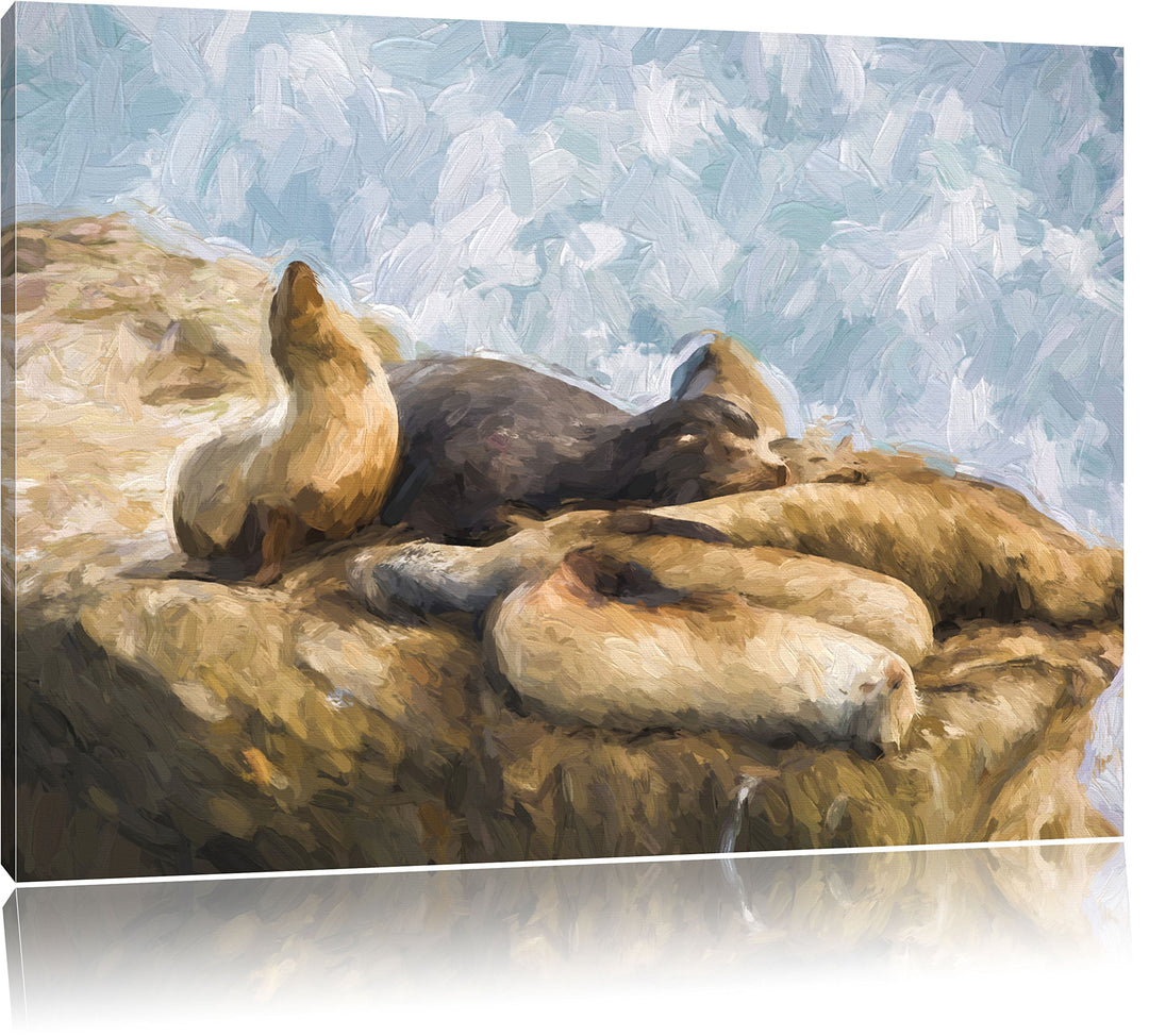 Pixxprint Gruppe von Seelöwen an Einer Bucht als Leinwandbild/Grösse: 100x70 / Wandbild/Kunstdruck/f